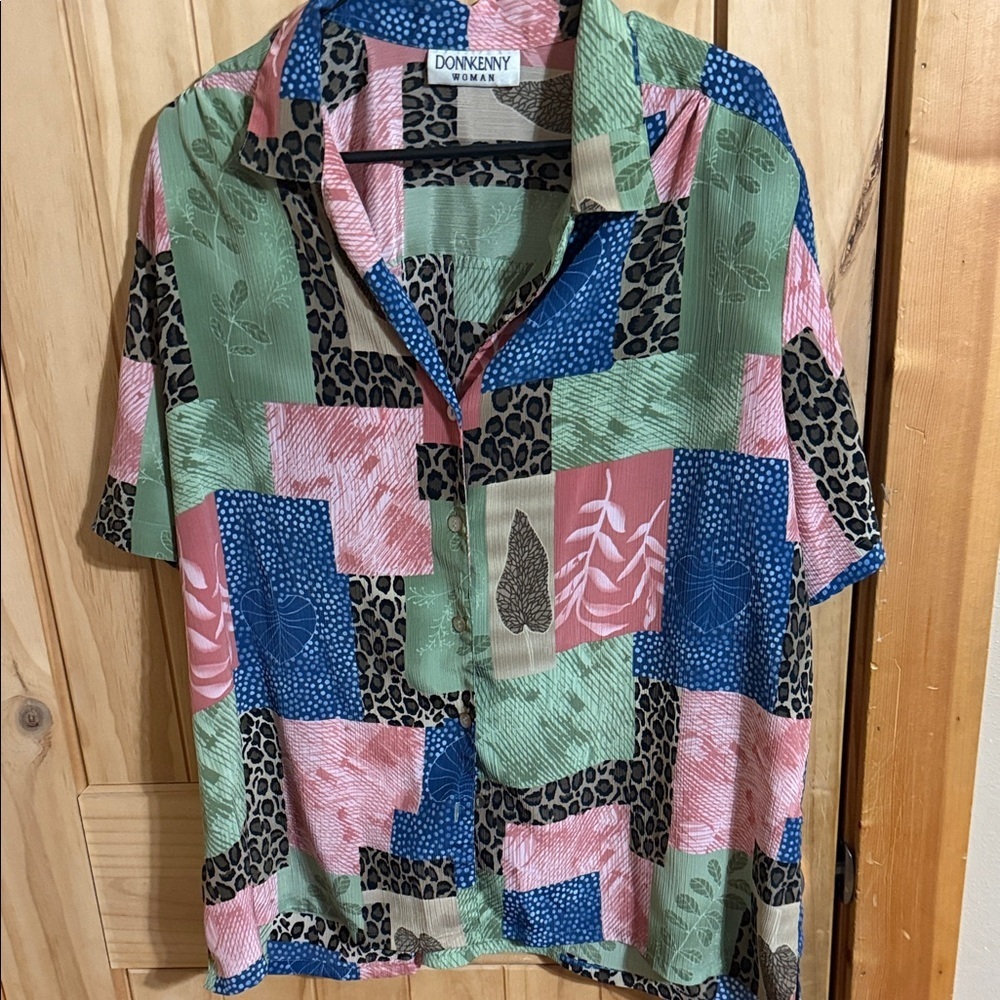 Donkenny Woman Colorblock Patchwork Button-Up Shirt - Pink, Green, Blue